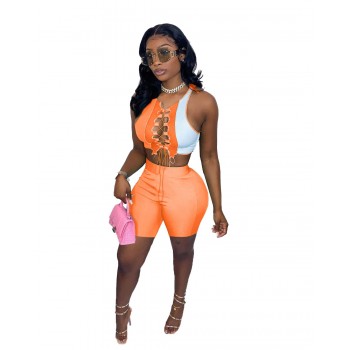 Sexy Women Two Piece Set Cross Bandage Sleeveless Crop Top + Pants Color Patchwork Streetwear Summer Clothes For Women Outfit